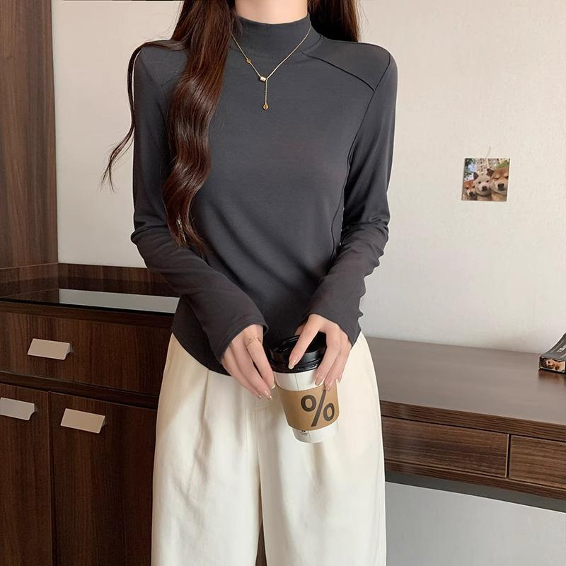 

Футболка с длинными рукавами и полувысоким воротником во французском стиле для женщин на осень и зиму, плюс утолщенная бархатная вставка с елочкой, утягивающая внутренняя часть XL