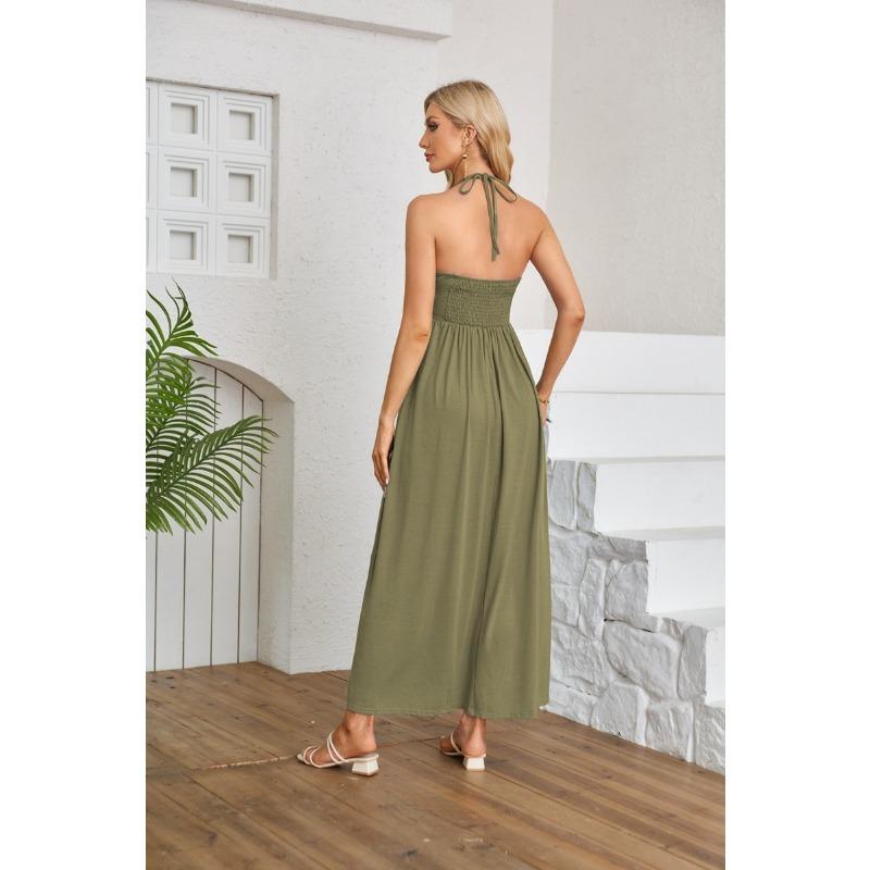 Fashion Sleeveless Party Sexy Dress Women Summer Clothing Backless Solid V-neck Loose Casual Dress Office Lady Elegant Pleated A-line Dresses 1077