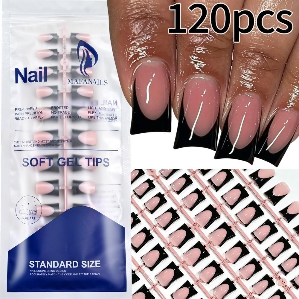 120 Pieces Glossy Black Duck Press On Nails Nude Medium French Tip Nails For Nail Art