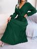 Elegant Women Pleated Maxi Dress Long Sleeve V Neck