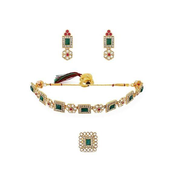 

Этнический комплект из ожерелья, сережек и кольца с зелеными и розовыми камнями в виде ключицы для женщин - ZPFK11665