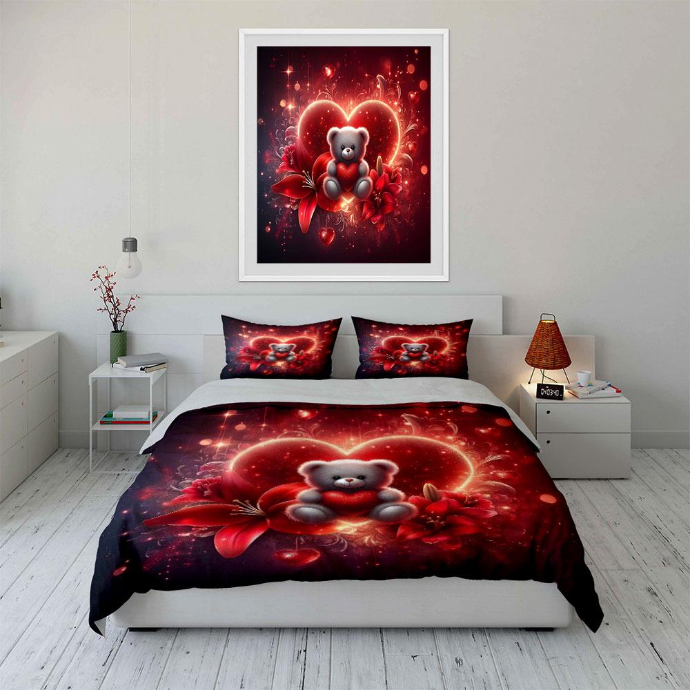 Dream Red hearts and teddy bear Print Bedding Set 1 Duvet Cover 2 Pillowcases for Adult and Children Luxury Gift Full Size