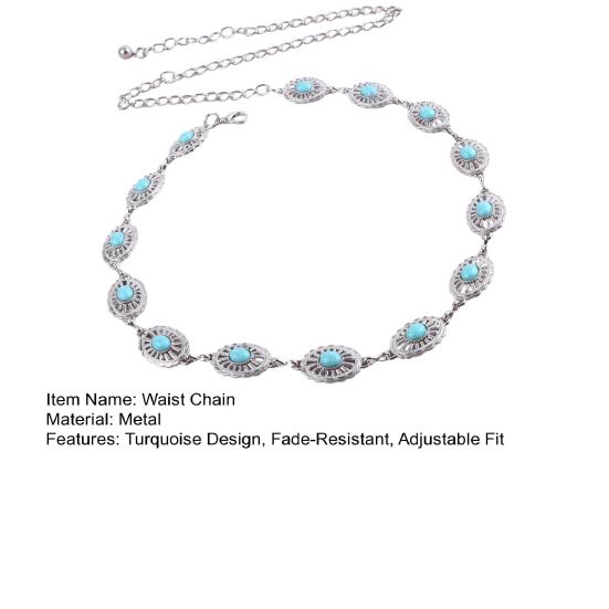 Waist Chain for Women, Adjustable Fit Waistband with Turquoise Decor, Retro Ethnic Style Fit Belt Chain for Dresses Skirts Beachwear