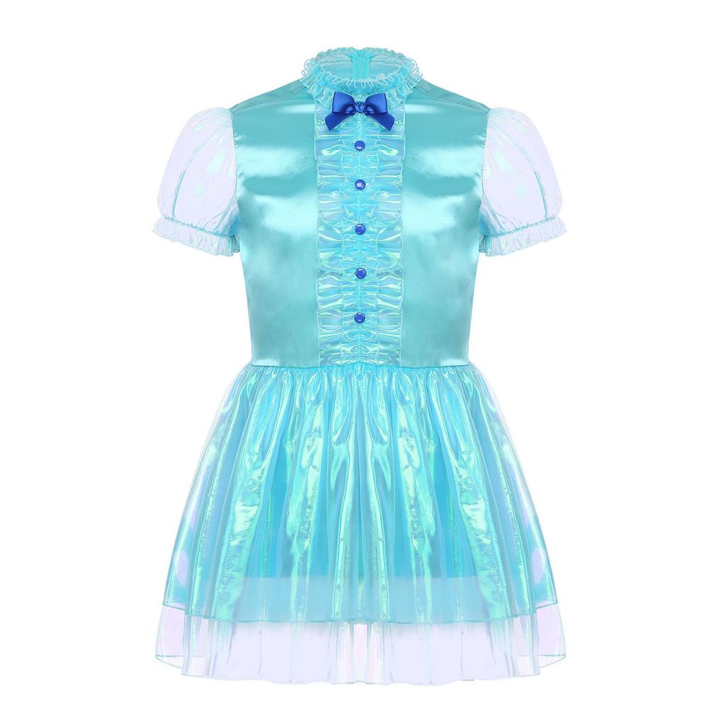 Herre Sissy Maid Kjole Kapper Kant Puffermer Sløyfedetalj Glitrende Puffete Kjole Låsbar Crossdressing Kostyme