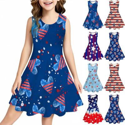 Summer Casual Loose Print Sweet Girl Sleeveless Princess Independence Day Dress