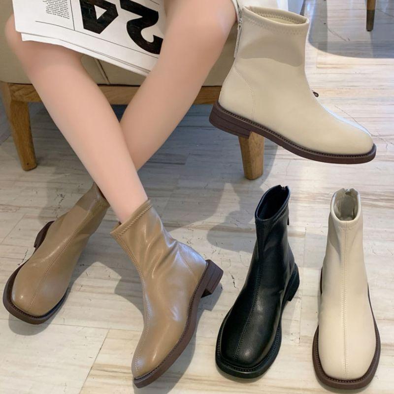 Botines blancos para mujer otoño e invierno nuevos botines individuales botas de cuero suave punta cuadrada botas finas zapatos planos