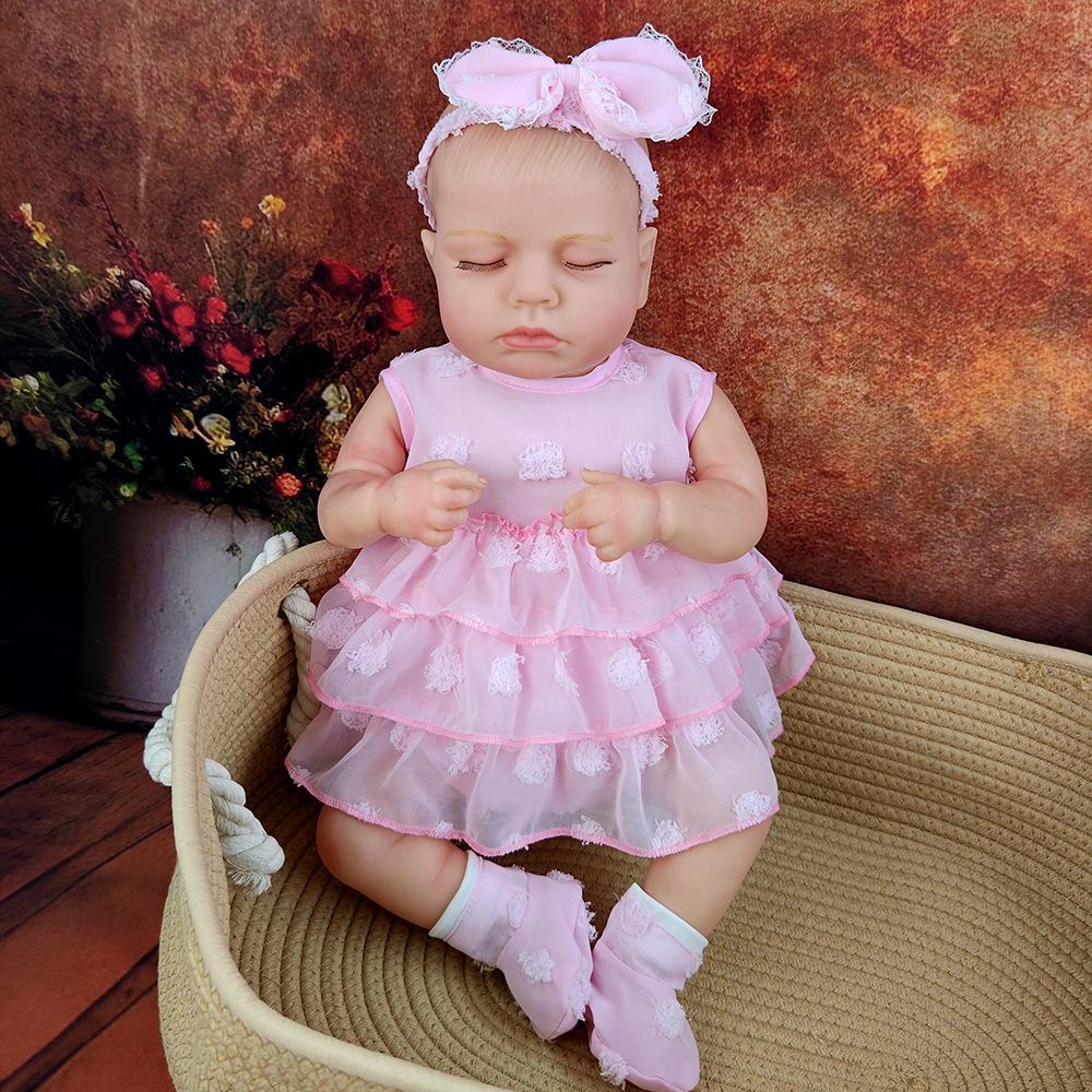 

18-дюймовые куклы Reborn, виниловая кукла-симуляция, розовое платье, закрывающая глаза, детская игра-одевание, игрушка для детей, подарок на день рождения 46cm