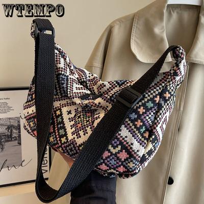 Bolsa de Bolinho Estilo Étnico de Grande Capacidade para Mulheres Bolsa de Ombro para Mulheres Bolsa Transversal de Lona