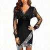 Women's Fashion Mesh,Panel Color V,Neck Long,Sleeve Dress
