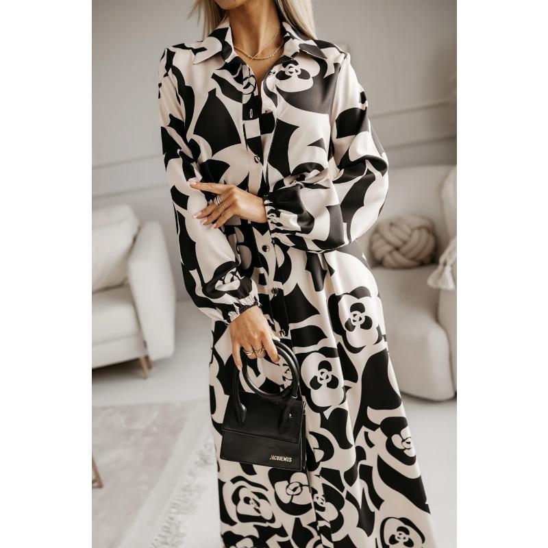 Elegant Women's Long Sleeve Floral Print Shirt Collar Midi Dress, Autumn Party Loose Belted Dress Casual Fashion with Lantern Sleeve Button Clothing