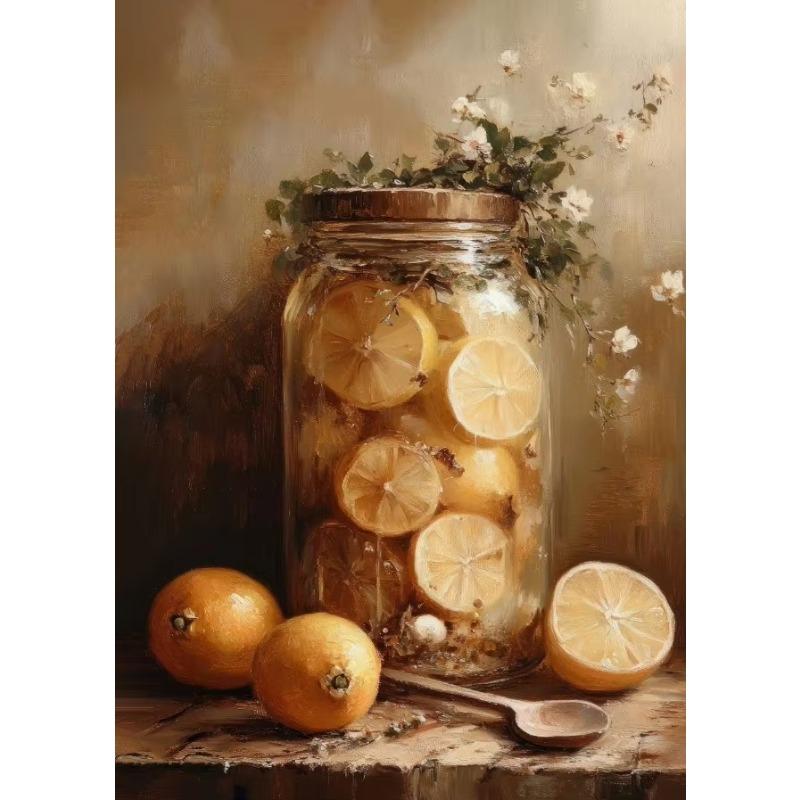 Vintage Tomatoes Spice Lemons Honey Jar Milk Glass Still Life Posters Canvas Printing Wall Art Picture for Kitchen Gifts