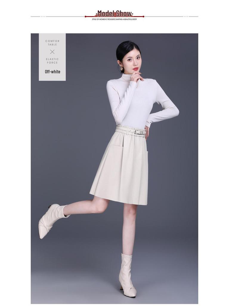 High-Waisted A-Line Leather Skirt for Women, Autumn/Winter, Pleated Lambskin Midi Skirt, Age-Defying & Classic Design