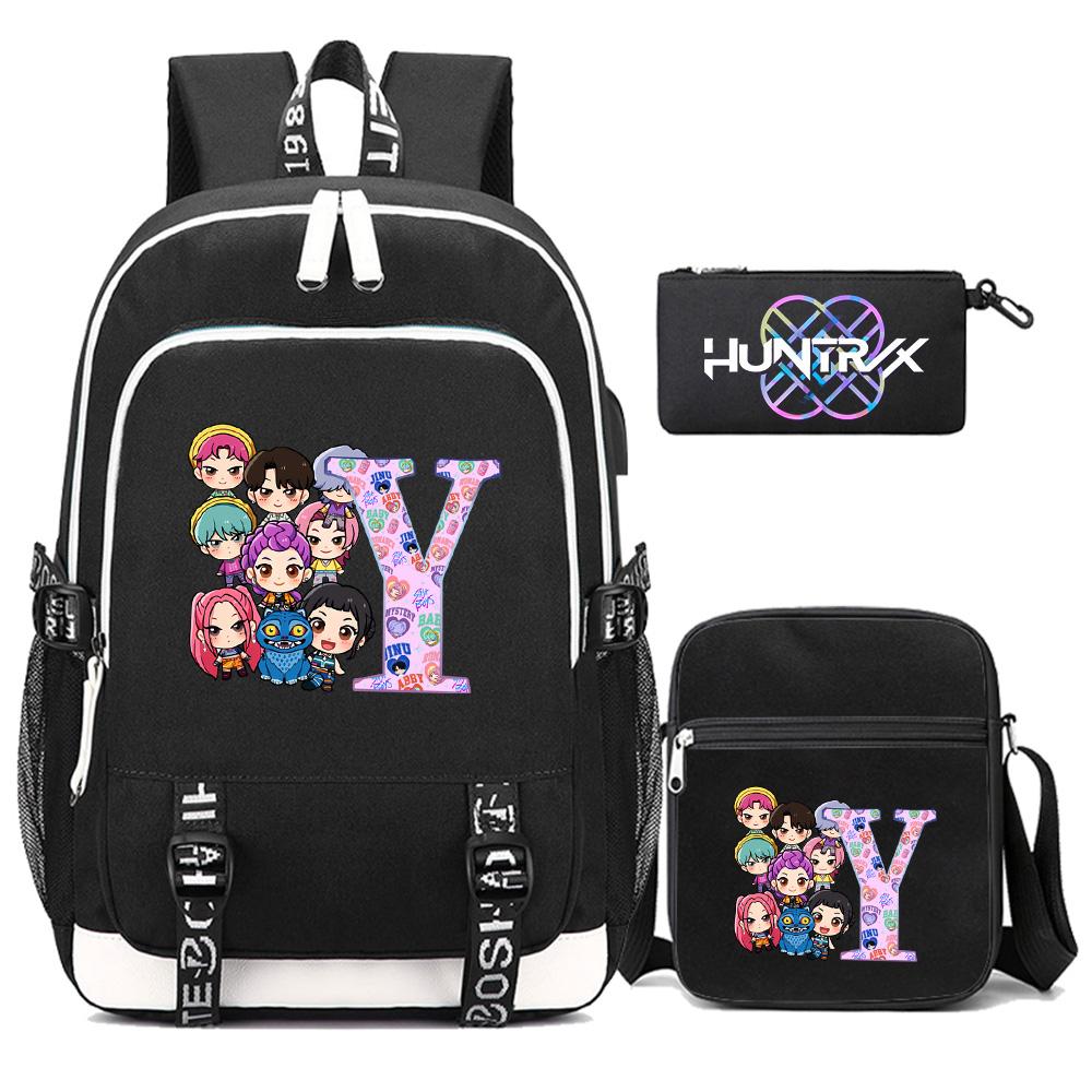 3Pcs/set 26 English Letter Kpop Printed Backpack with Shoulder Bag Pencil Case for Teenager Girl Boy Bookbag Large Capacity Waterproof Travel Bag
