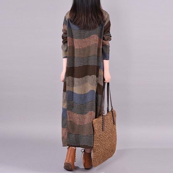 Women's Long Sleeve Cotton Linen Maxi Dress Vintage Bohemian Printed Patchwork Crew Neck Dress Fall Loose Outfit