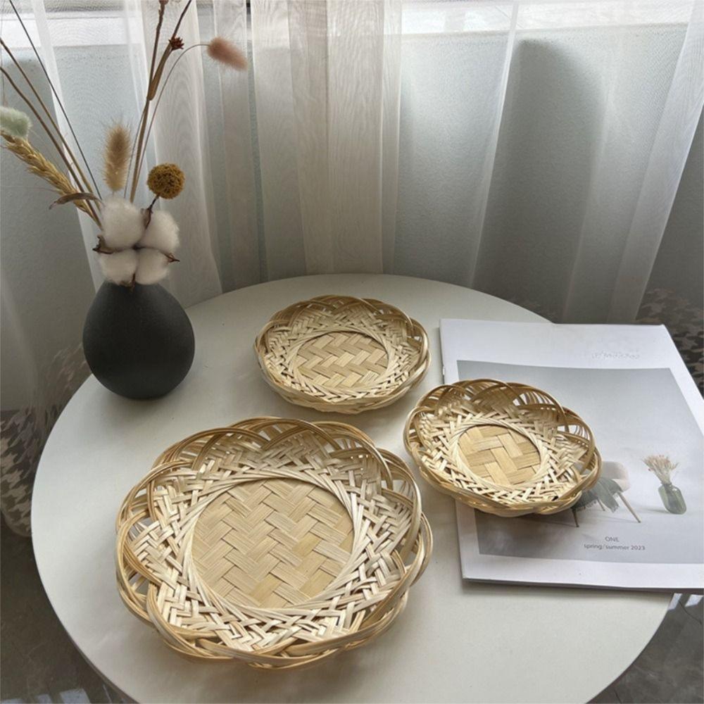 Round Wicker Bread Basket Home Organizer Bamboo Woven Basket Decorative Serving Tray  Living room
