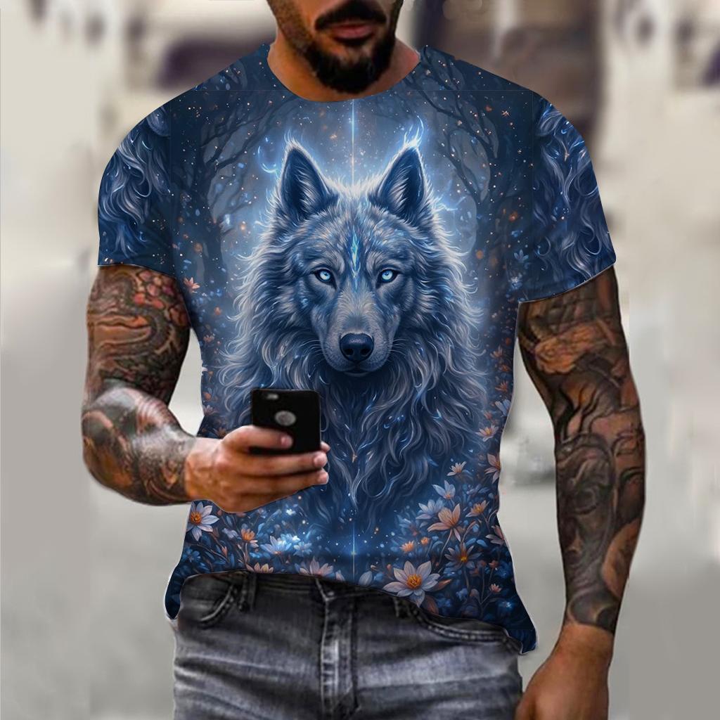 PLUS-size 3D Wolf Beast Print Men and Women Casual Short-sleeved T-shirt Round Neck Fashion Trend Cool Men's Daily New Clothing