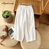 Korean Fashion Summer Women Basic Simple Pants High Waist Drawstring White Dark Green Straight Trousers Vintage Cotton Ladies' Pants