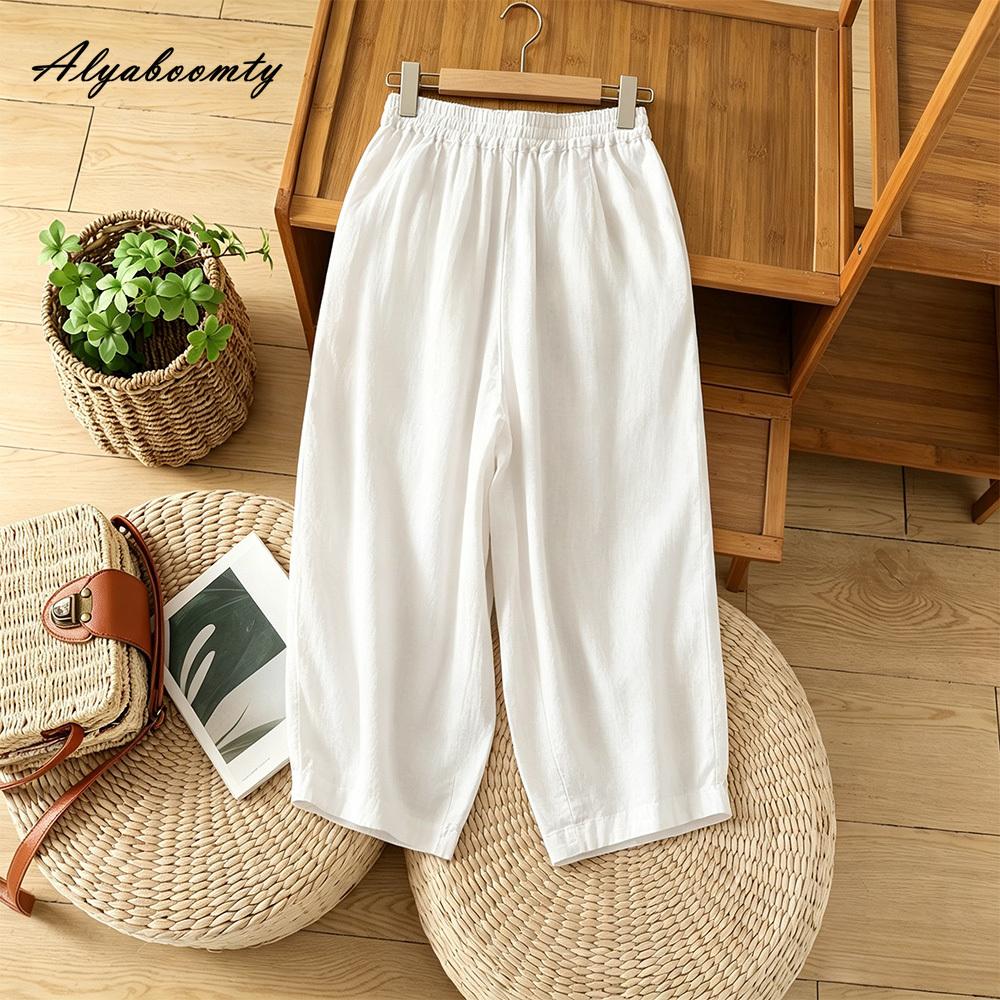 Korean Fashion Summer Women Basic Simple Pants High Waist Drawstring White Dark Green Straight Trousers Vintage Cotton Ladies' Pants
