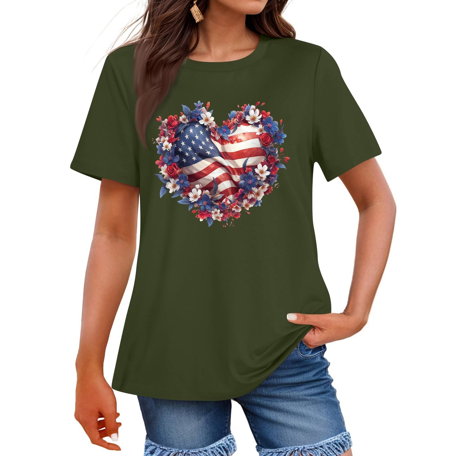 

Women s Fashion Independence Day Printed Round Neck Short Sleeved Casual T-shirt Top XXL