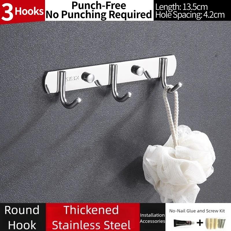 Crochet en acier inoxydable Crochets pour vêtements de toilette Crochet de cuisine Fournitures de cuisine Cintre Crochet sans perçage Support 3 Hooks
