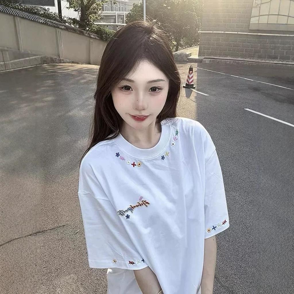 Heavyweight Pure Cotton American Embroidered White Short-sleeve T-shirt for Women, New Design Niche Summer Loose Top