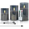Rechargable Flameless Candles with Timer & Remote Control, Built-in Battery LED Candles, Gray Glass Candles Gift Set, Set of 3 Pillar Flickering