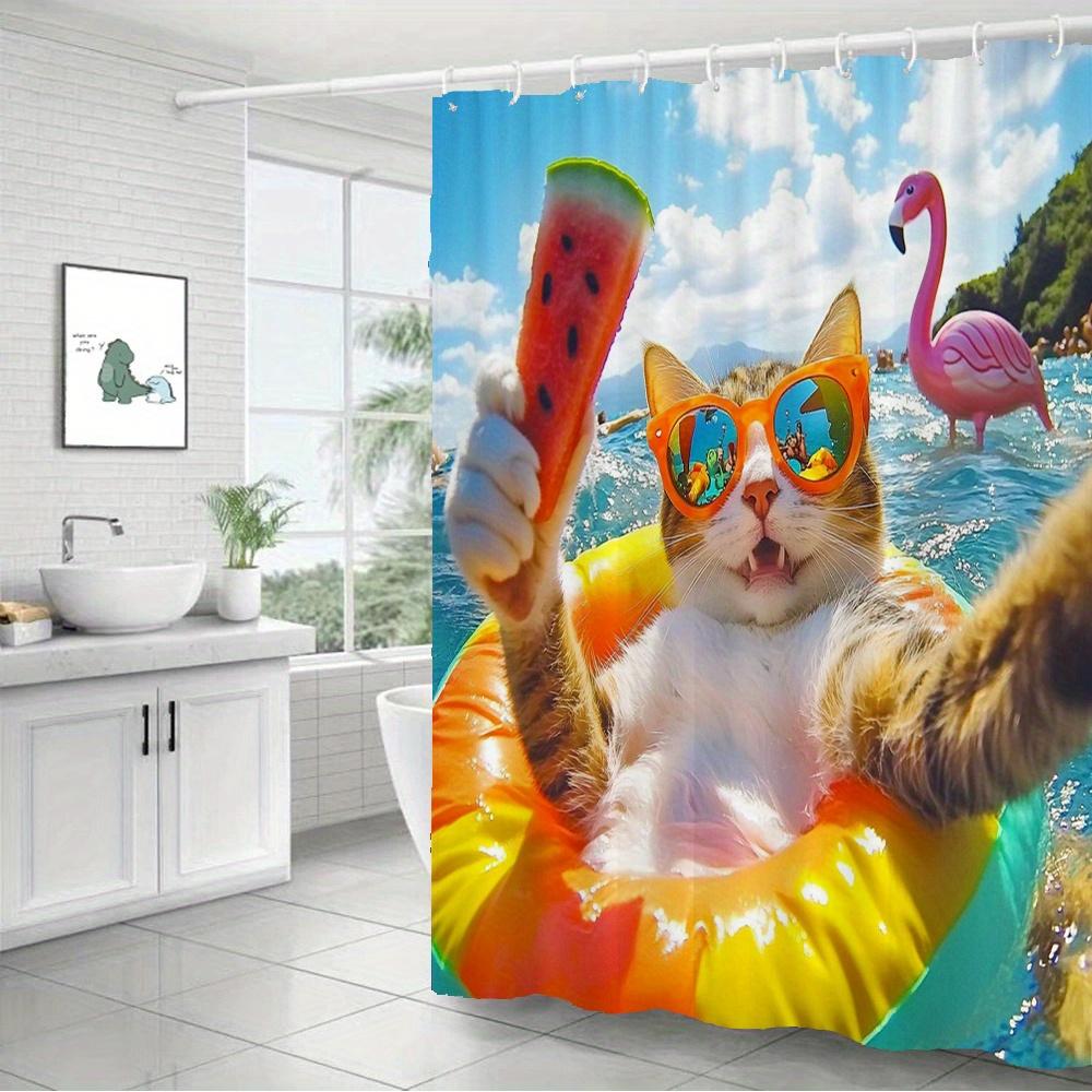 Funny Cat with Sunglasses Waterproof Mildew-Resistant Shower Curtain - Tropical Beach Design for a Playful Bathroom Décor
