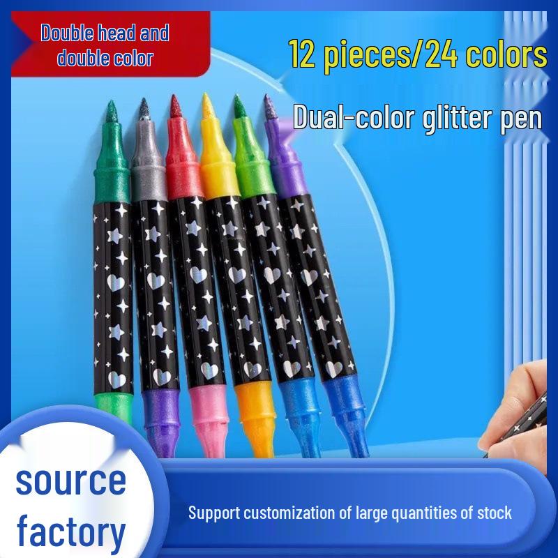 In-Stock: Double-Ended Glitter Luminous Marker Pen with Soft Tip for Radiant Fluorescent Painting 12 Pens - 24 Colors Set