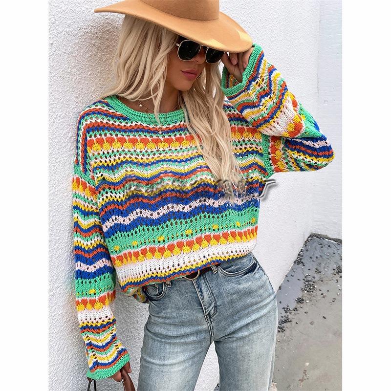 Autumn and winter new European and American splicing knitted sweater loose intercolor foreign trade crew neck striped sweater women S зелёный