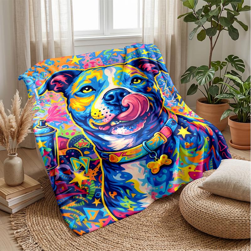 Colorful Dog Pattern with Flowers blanket Personalized Name Flannel Blanket Soft Cozy Plush Throw for Sofa Bed Lightweight Home Decor