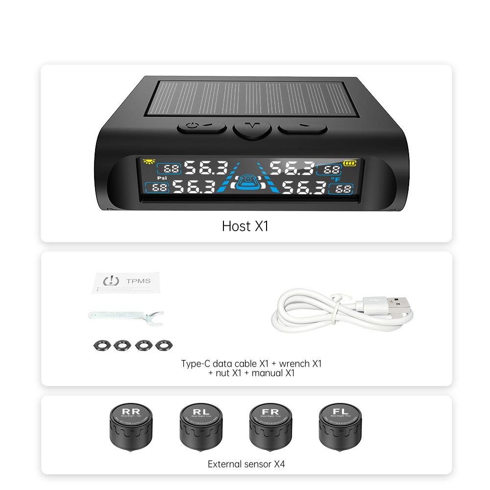 USB/Solar TPMS Temperature Monitor with 4 External Sensors Digital LCD Display 0-6.8Bar T21 Tire Pressure Gauge Car Tyre Monitor