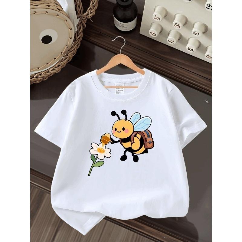 European Sizes Boys' T-shirt Cute Bee with Backpack And Flower, Ideal for Outdoor Activities, Soft Knitted Top, Comfortable And Breathable