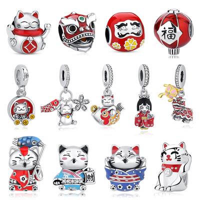 925 Silver Charms Fortune Cat Chinese New Year Pendant Beads Japanese Girl Fit Brand Bracelets Necklaces Women Jewelry