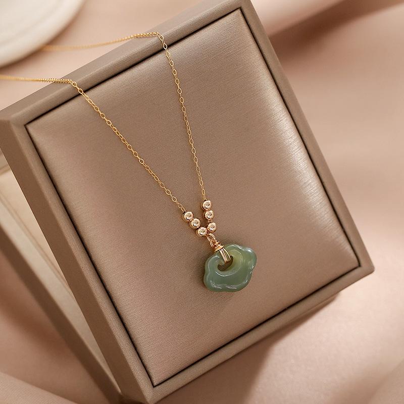 Recommended Jewelry Peace Lock Necklace for Women, Hetian Jade Longevity Lock14K Gold-plated collarbone chain with Ruyi lock pendant