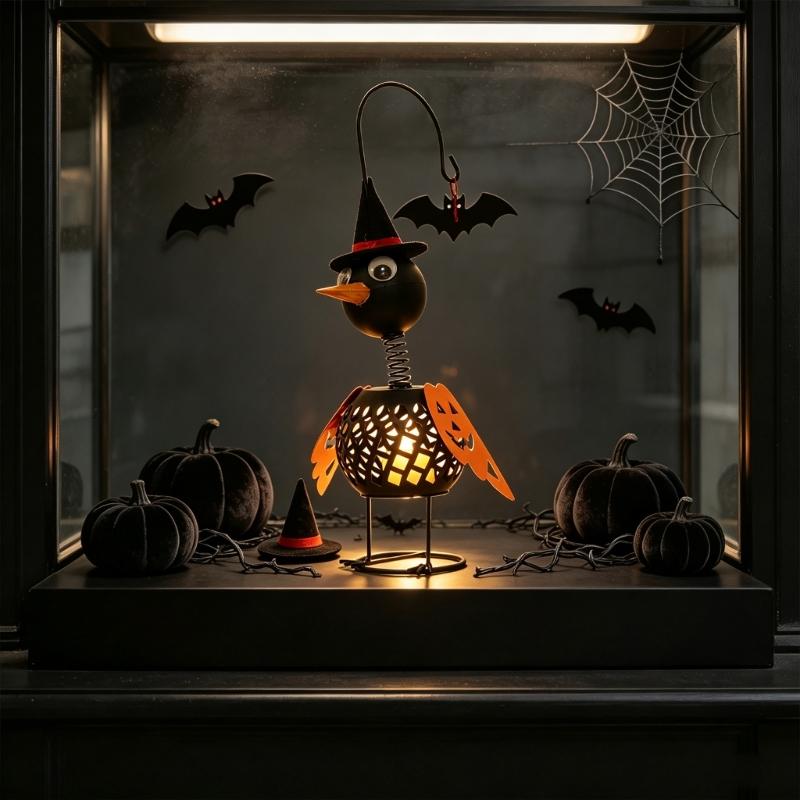 Iron Crow Halloween Decors Metal Lantern Tealight Candle Holder Figurine Witch Hat Pumpkin Wing Bat Accent