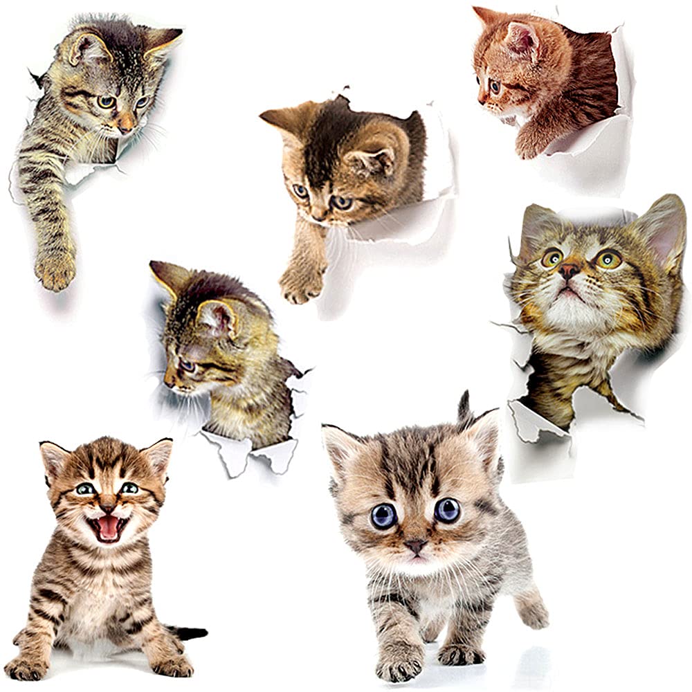 

TATOTTE Cat Wall 3D Cat Trick Cute Set of 7 Stickers, Decals, Design, Art, Kitten, Cutout, белый