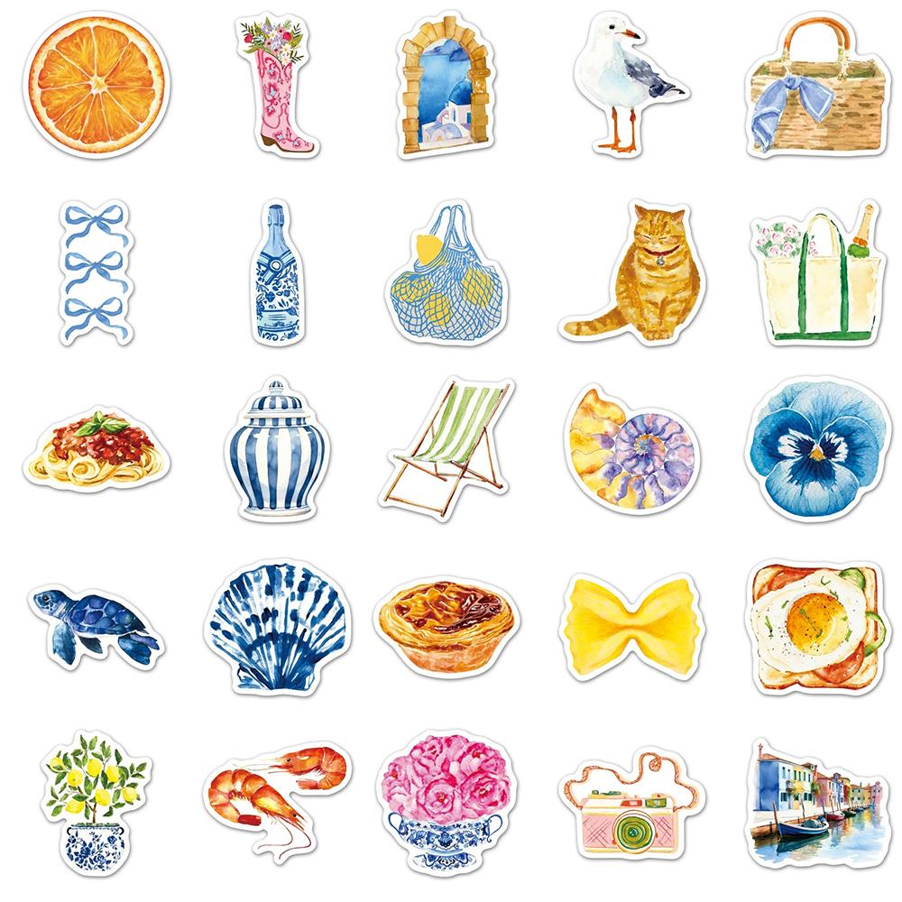 10/30/50pcs Watercolor Mediterranean Aesthetic Stickers Vintage Cartoon Food Graffiti Decals DIY Luggage Motorcycle Bike Sticker