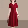 Elegante Vestido Midi de Cor Pura para Verão de Mulheres de Meia-Idade Moda Slim Fit Manga Curta Cintura Amarrada