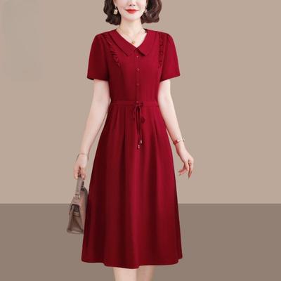 Elegante Abito Midi Estivo Monocolore per Donne di Mezza Età Moda Slim Fit Manica Corta Vita Annodata