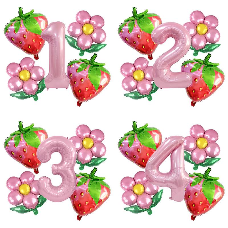 Pink Strawberry Balloon Set, Small Daisy Aluminum Film Decoration, Children'S Birthday Party Anniversary Photo Props