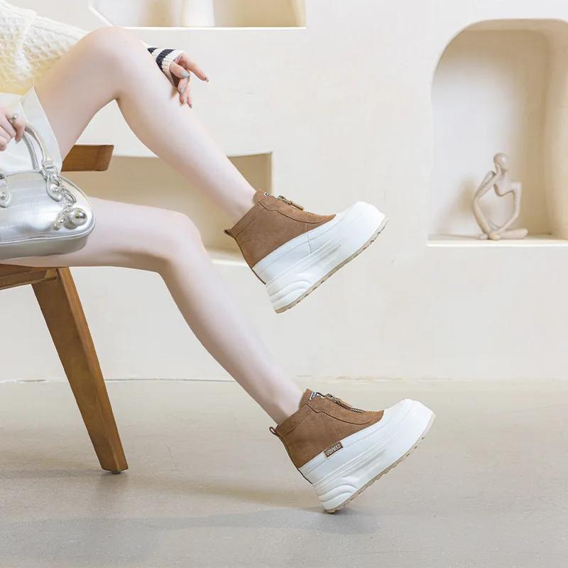 Heel 10cm Suede Cow Genuine Leather  Autumn Ankle Booties Moccasins Chimney Women Chunky Sneakers Boots Spring Fashion Shoes