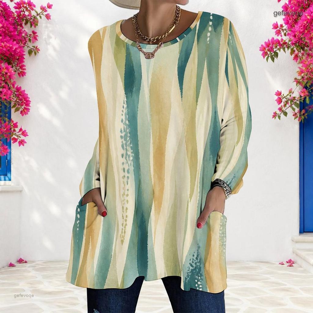 Women Plus Size Beige Brown Yellow Tie Dye Printed Round Neck Long Sleeve Loose T Shirt With Pockets