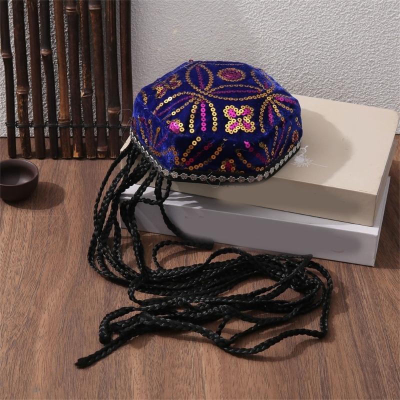 Elegant Beret Cap with Decorative Braids And Sequined Flower Decors Uyghur Hat For Stage Performances and Cultural Event