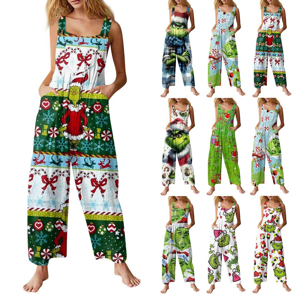 Women's Fashion Christmas  Print Casual Retro Sleeveless Button Jumpsuit