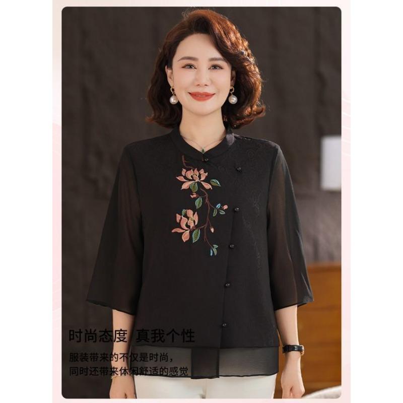 New Chinese-style Mom Spring Chiffon Blouse New Middle-aged and Elderly Women's Summer Suit Lady's Style Top