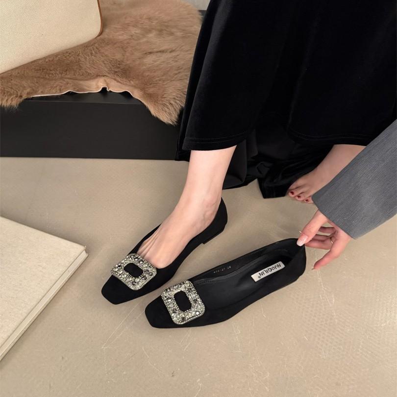 2025 New Spring Matte Leather Shallow Mouth Single Shoes Women's Thick Heel One Pedal Flat Leather Shoes Doudou Shoes