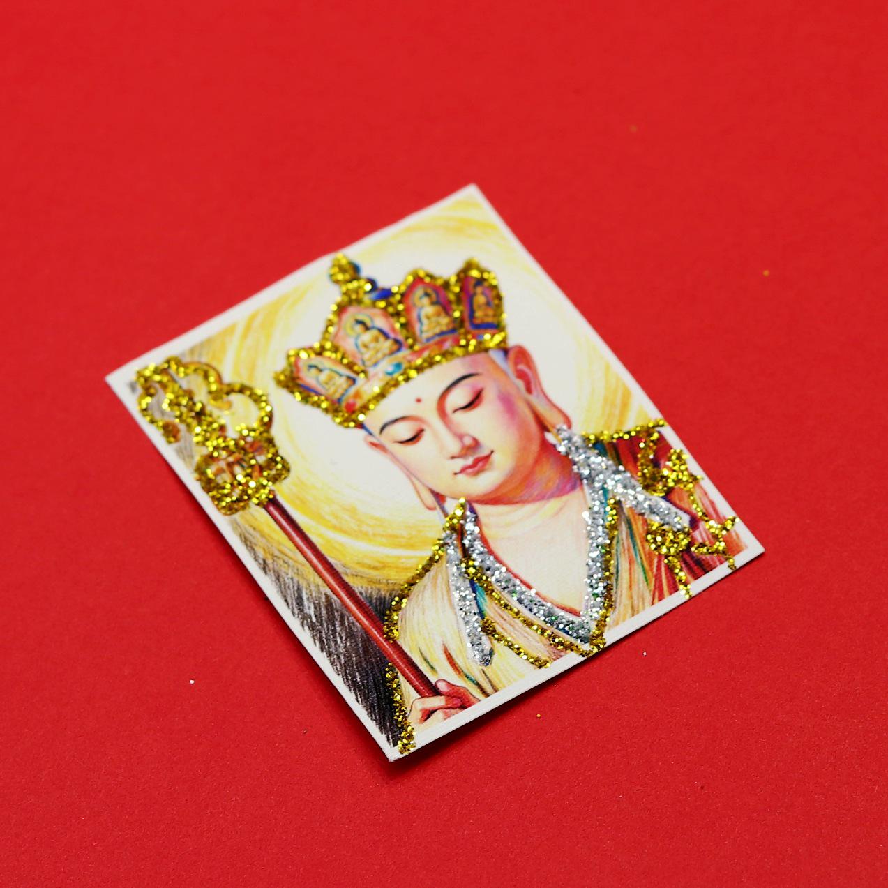 Ksitigarbha Bodhisattva Buntes Goldenes Halbhandgemaltes Thangka-Anhänger mit Blendenden Farben Colored Gold Core 4x5 white