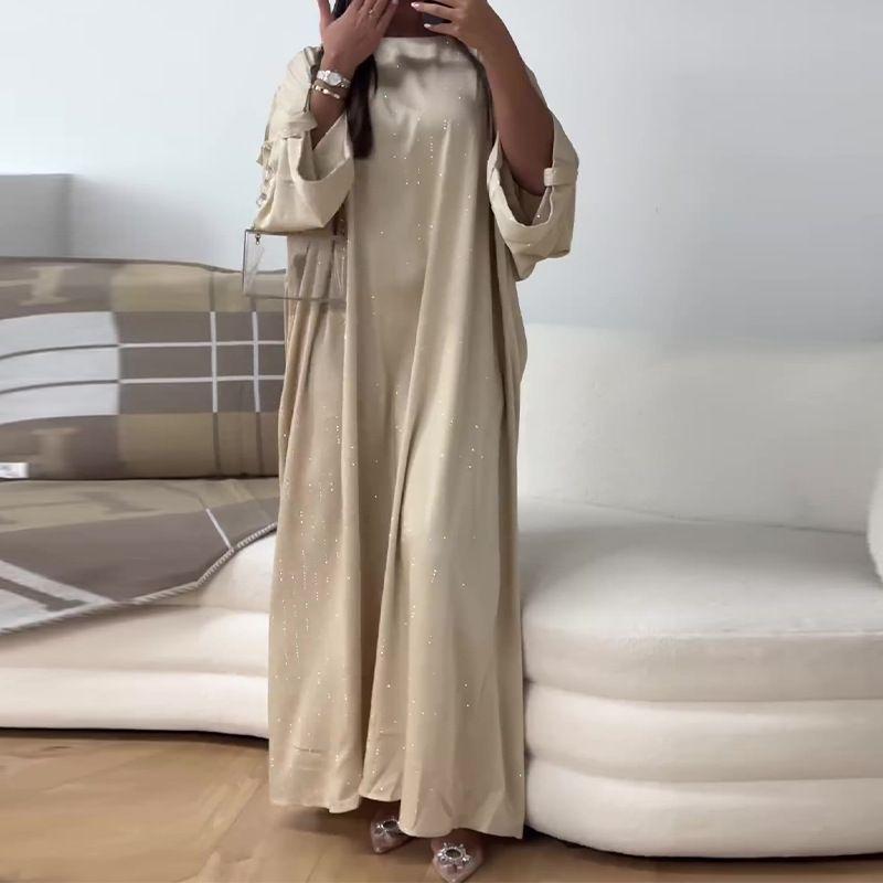

European and American Women clothes round Neck Solid Loose Casual Plus size Long dress Women Loose Dress Apricot M