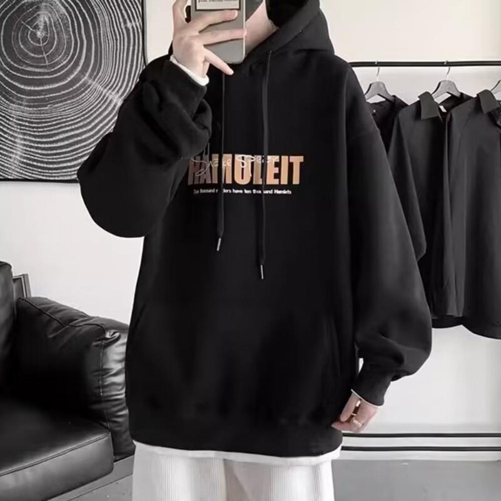 Hong Kong Style Hooded Sweater Men's and Women's Autumn and Winter Trendy Brand Letter Printing Fake Two-piece Velvet Loose Casual Versatile Hoodie
