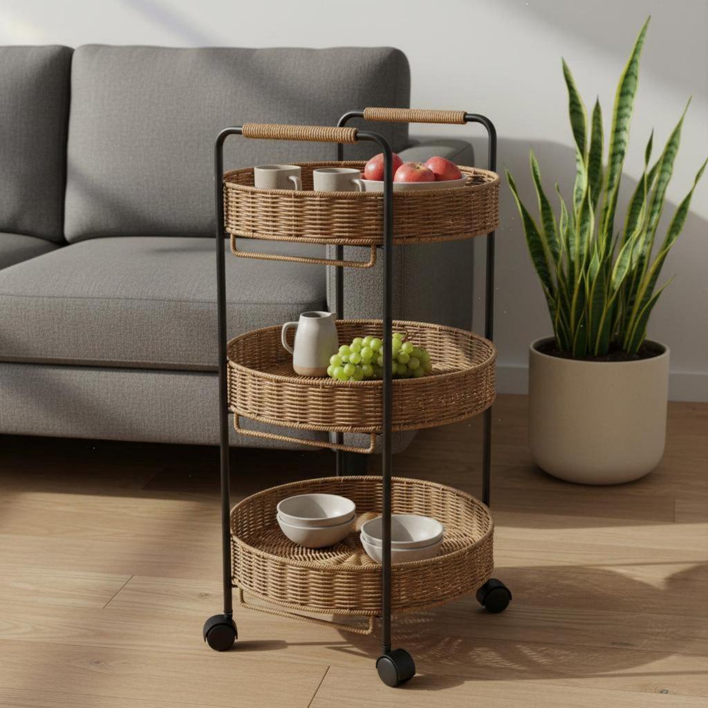 Rattan Rolling Cart Handwoven Design Detachable for Dining Area